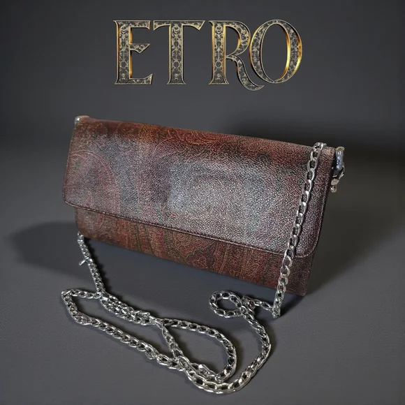 Etro Patterned Brown Clutch with Silver Chain - Picture 1 of 9